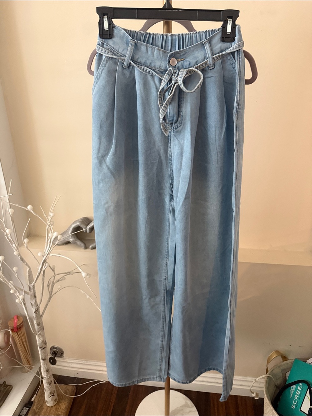 High-Rise Light Blue Wide-Leg Paperbag Jeans with Tie Belt